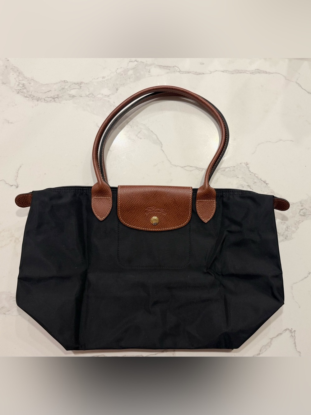 Longchamp Le Pliage Medium Shoulder Tote – Black with Tan Trim